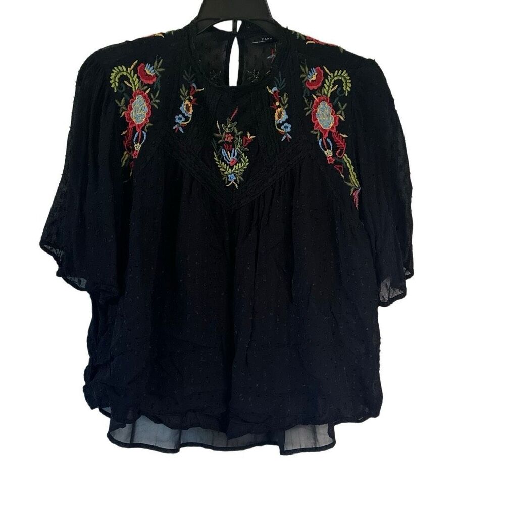 Zara Woman Boho Black Embroidered Short Sleeve Blouse M